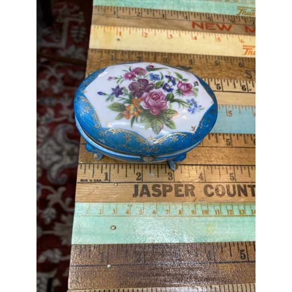 Vintage Norleans Trinket Box Blue Gold Foral Footed 1950's Japan Hinged MCM - Picture 8 of 10